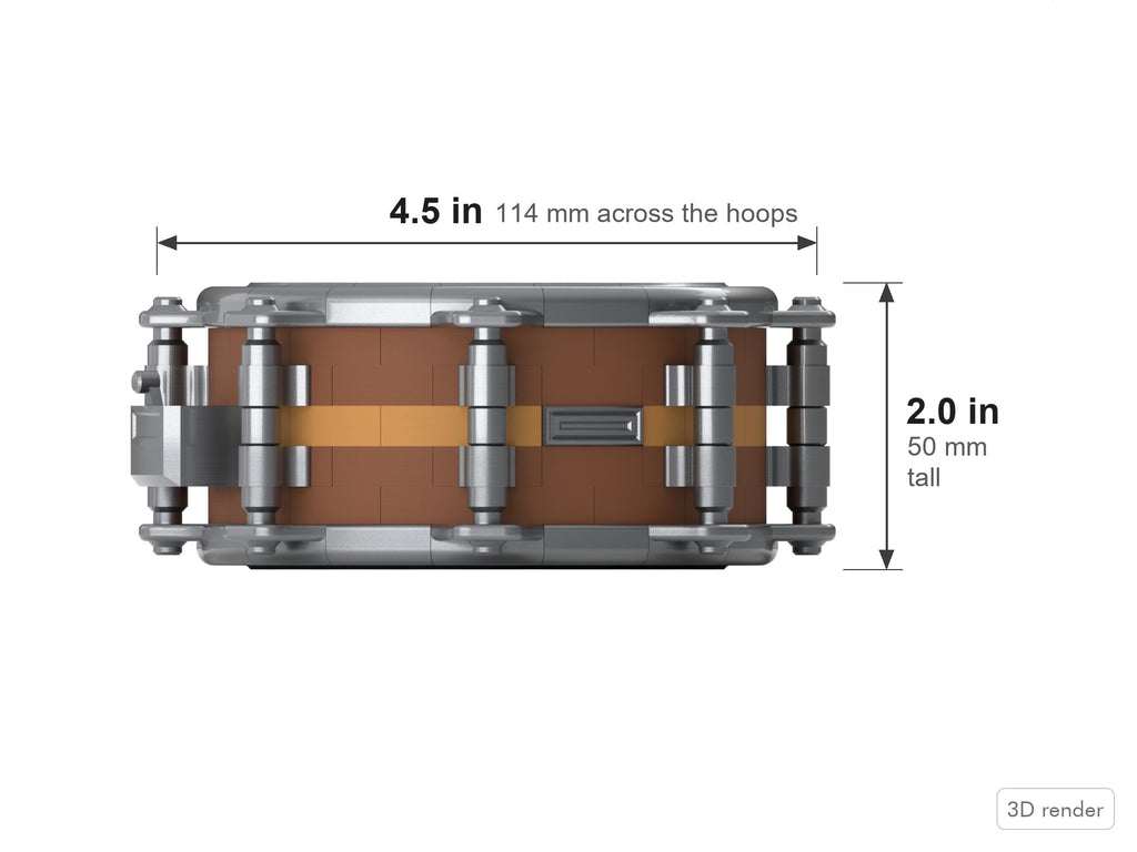 Beat Blokz - 1/4 Scale Snare Drum - Kit - 1/4 scale snare dimensions: 2.0 in tall, 4.5 in across the hoops