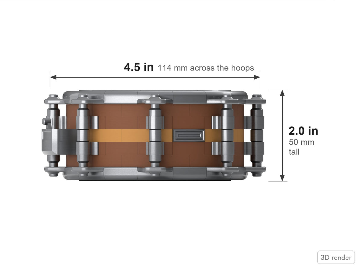 Beat Blokz - 1/4 Scale Snare Drum - Kit - 1/4 scale snare dimensions: 2.0 in tall, 4.5 in across the hoops