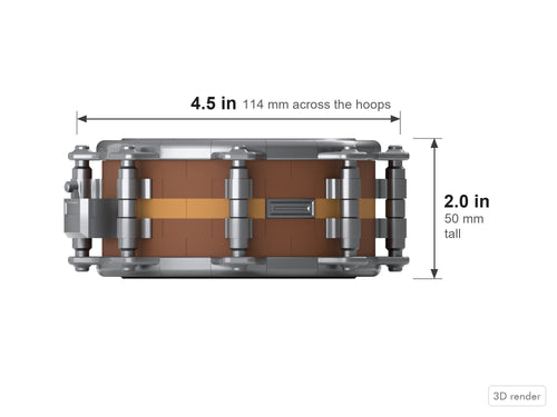 Beat Blokz - 1/4 Scale Snare Drum - Kit - 1/4 scale snare dimensions: 2.0 in tall, 4.5 in across the hoops