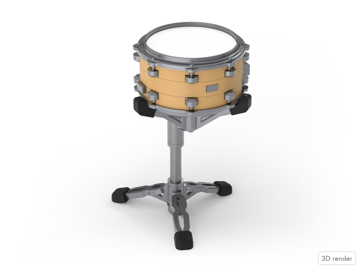 Beat Blokz - 1/7 Scale Buildable Snare Drum + Stand - 3D render of the assembled snare drum on its stand