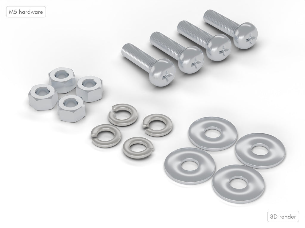 Included M5 hardware: 4 screws, nuts, split lock washers and oversized washers (3D render)