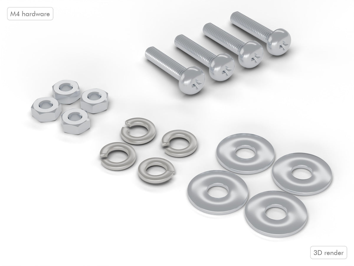 Included M4 hardware: 4 screws, nuts, split lock washers and oversized washers (3D render)